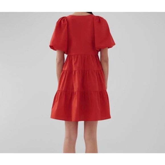 Bird & Knoll Dress Gigi Puff Sleeve Cotton Poplin Mini Red Size Small - Picture 3 of 9